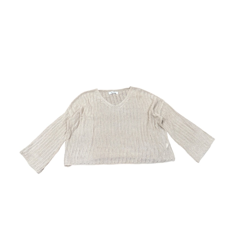 M-93 Beige Open Knit V-Neck Sweater Bell Sleeve‎ Boho Pointelle Cropped Top M